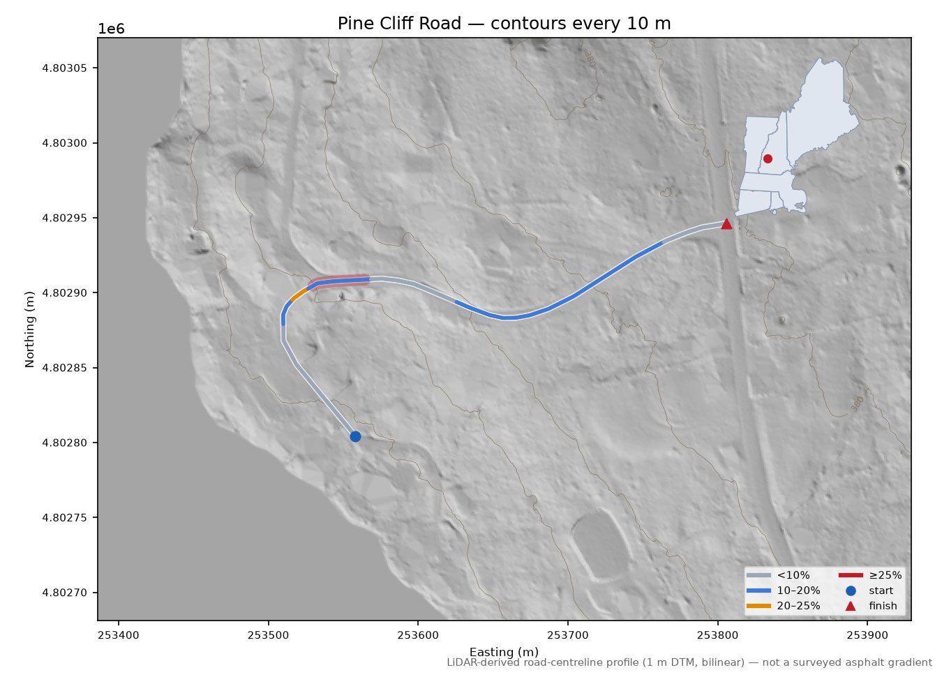 Pine Cliff Road LiDAR hillshade map with contours