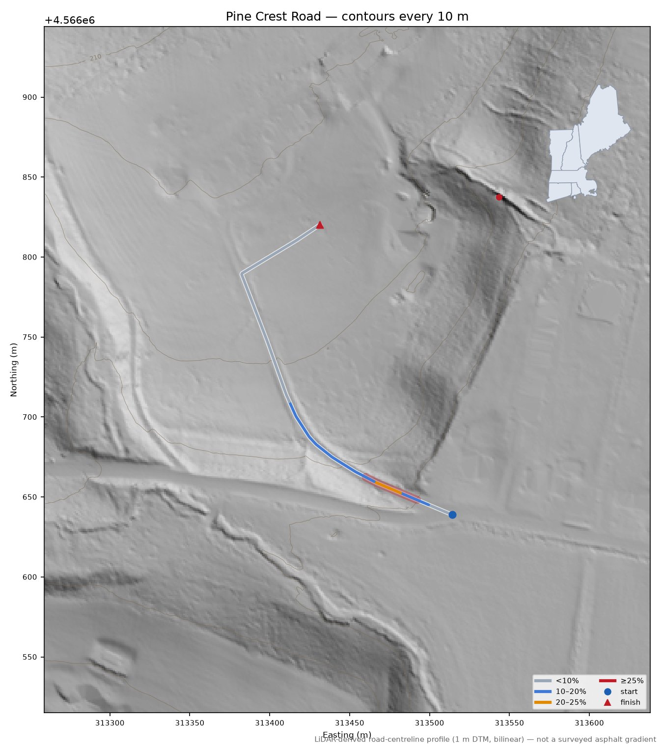 Pine Crest Road LiDAR hillshade map with contours