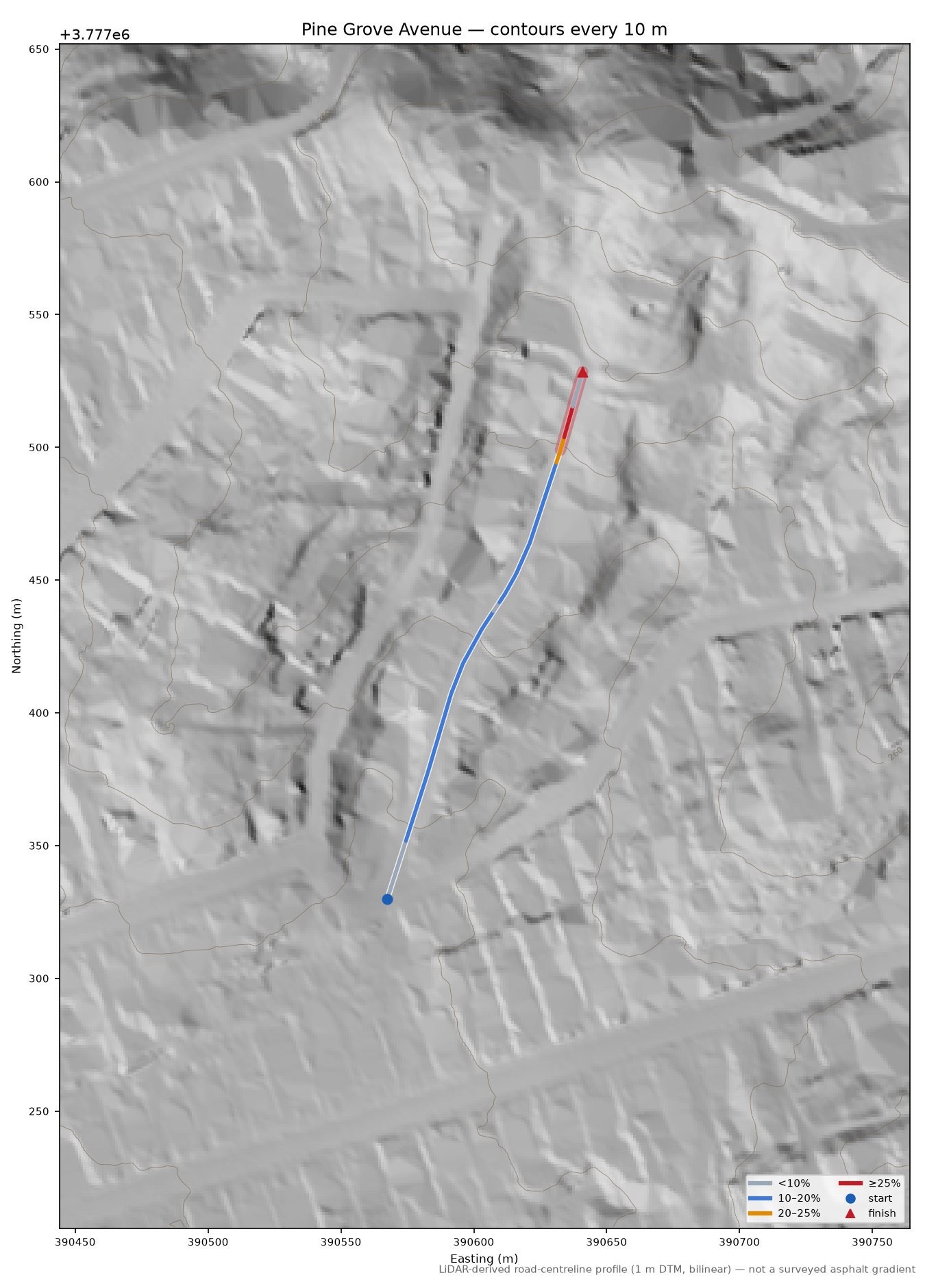 Pine Grove Avenue LiDAR hillshade map with contours