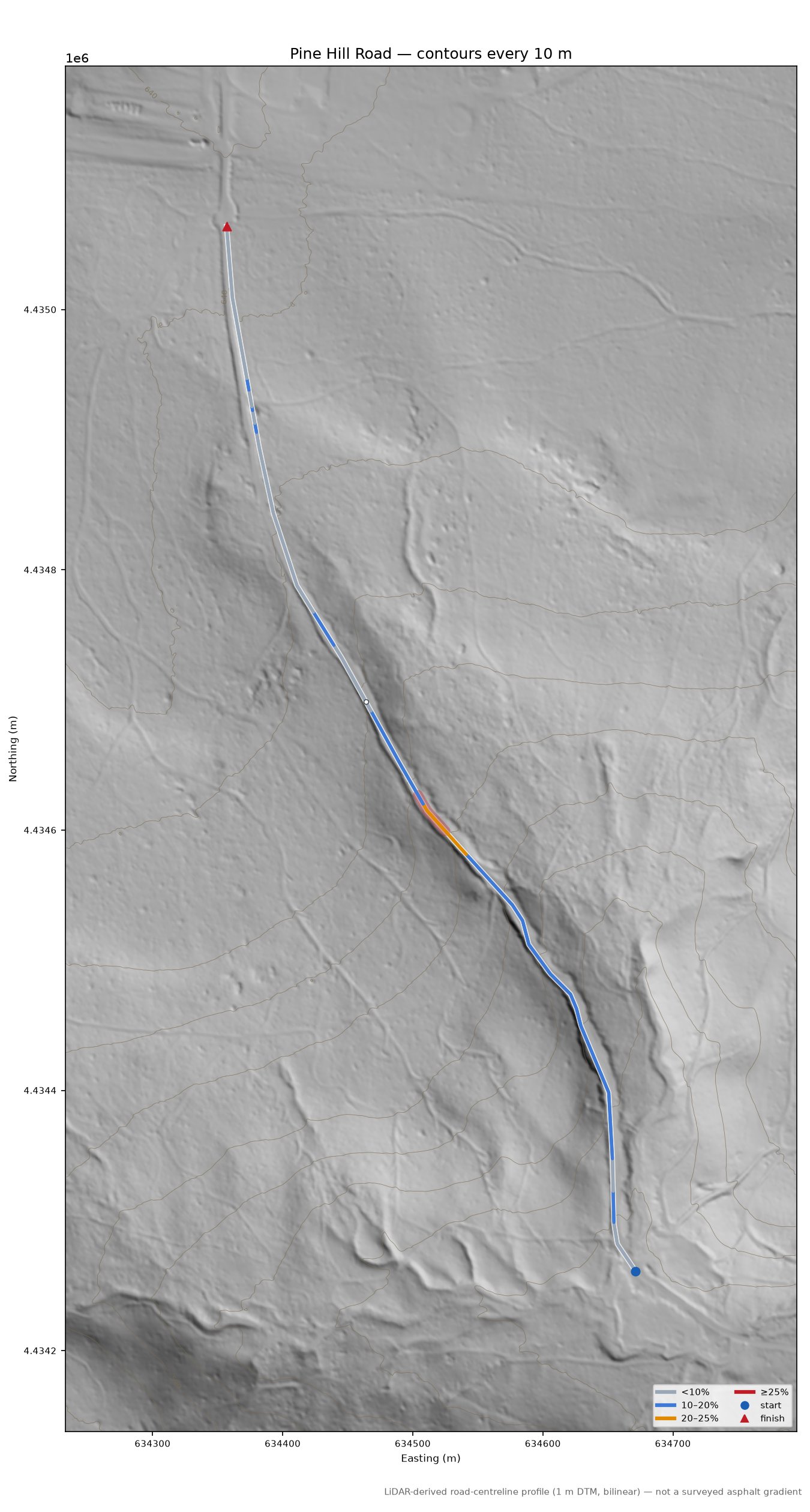 Pine Hill Road LiDAR hillshade map with contours