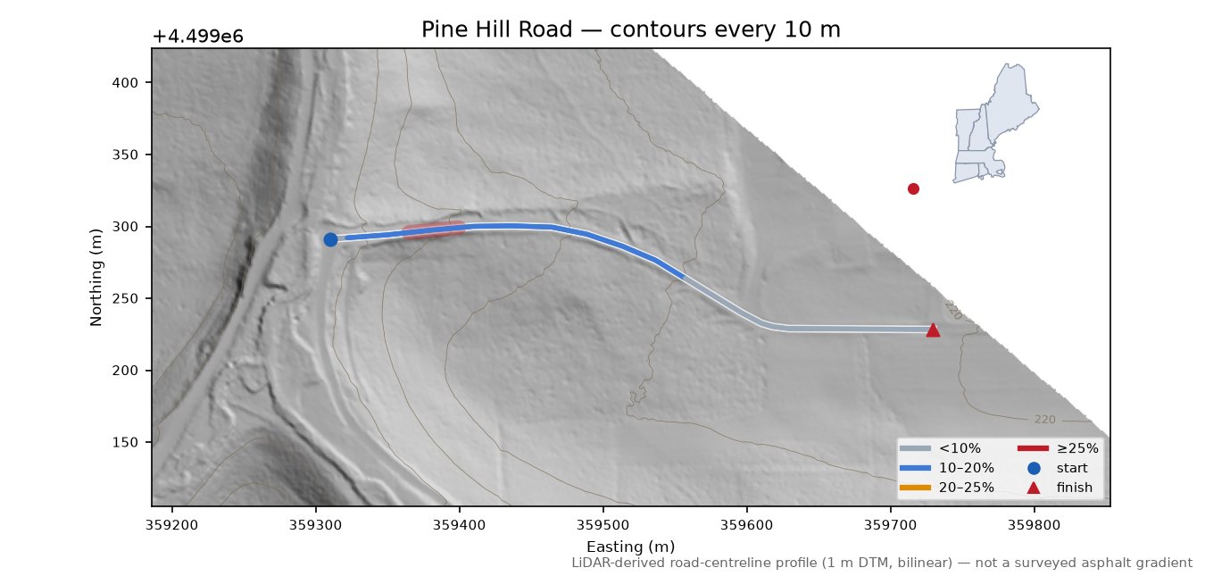 Pine Hill Road LiDAR hillshade map with contours