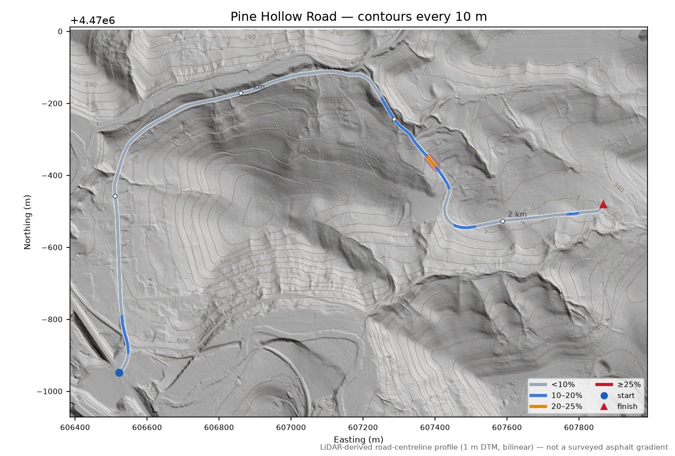 Pine Hollow Road LiDAR hillshade map with contours