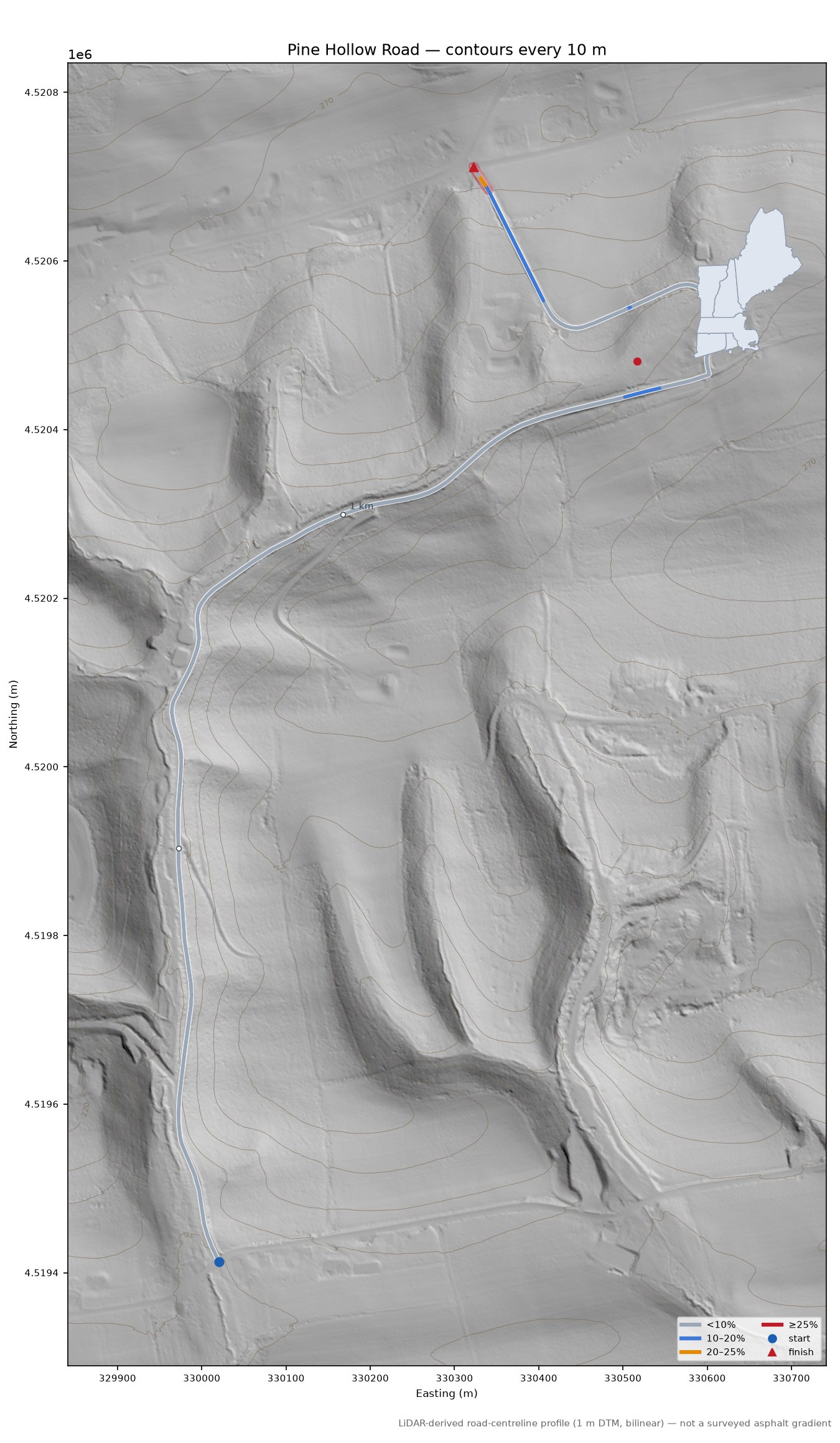 Pine Hollow Road LiDAR hillshade map with contours