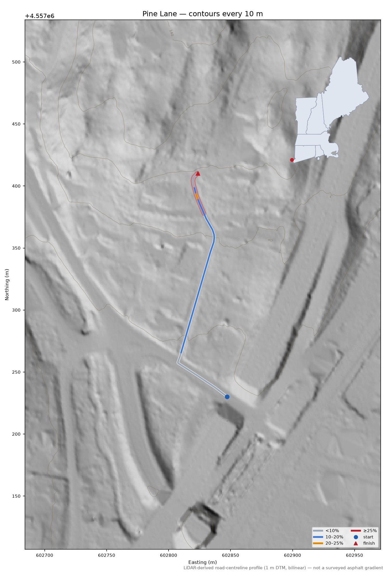 Pine Lane LiDAR hillshade map with contours