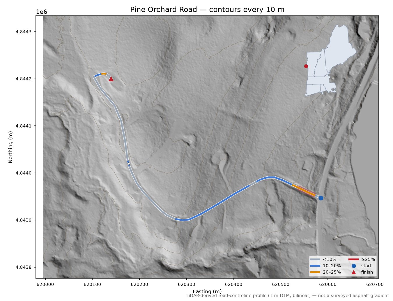 Pine Orchard Road LiDAR hillshade map with contours