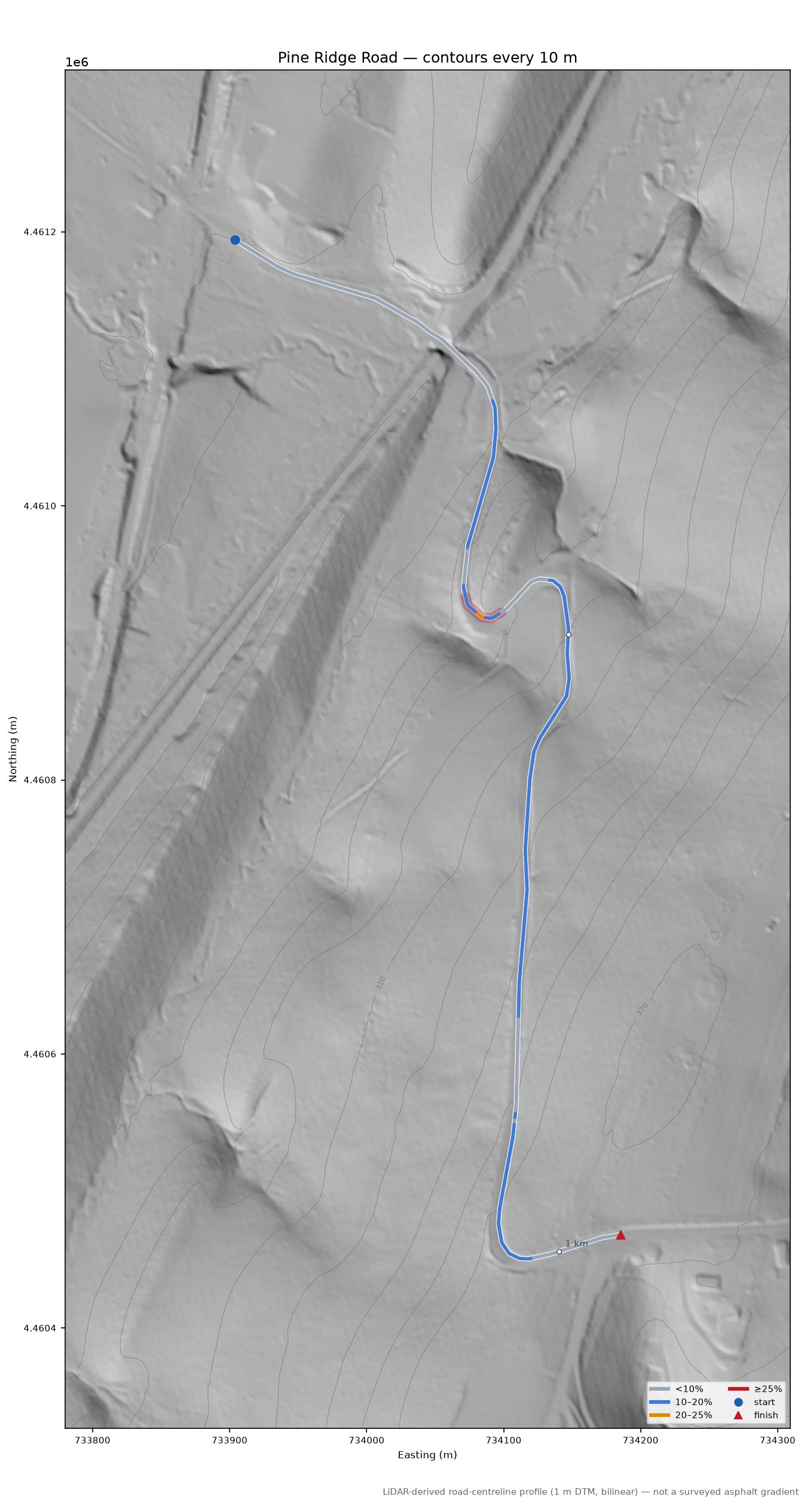 Pine Ridge Road LiDAR hillshade map with contours