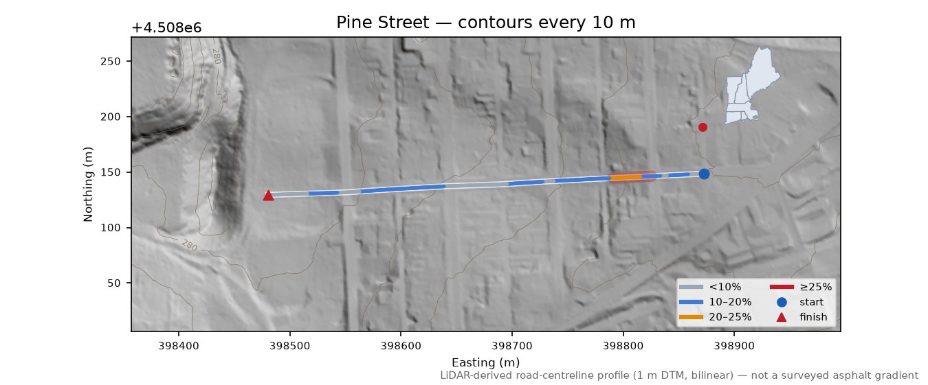 Pine Street LiDAR hillshade map with contours