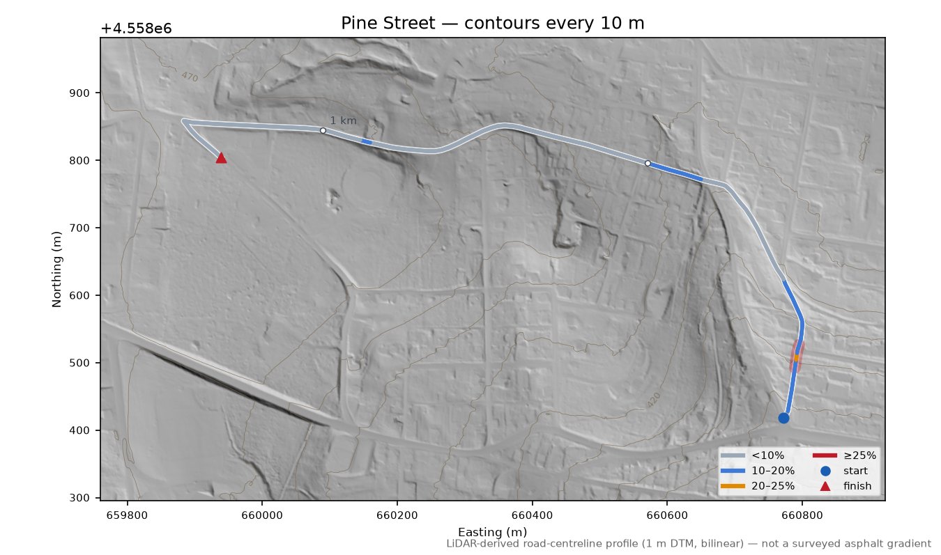 Pine Street LiDAR hillshade map with contours