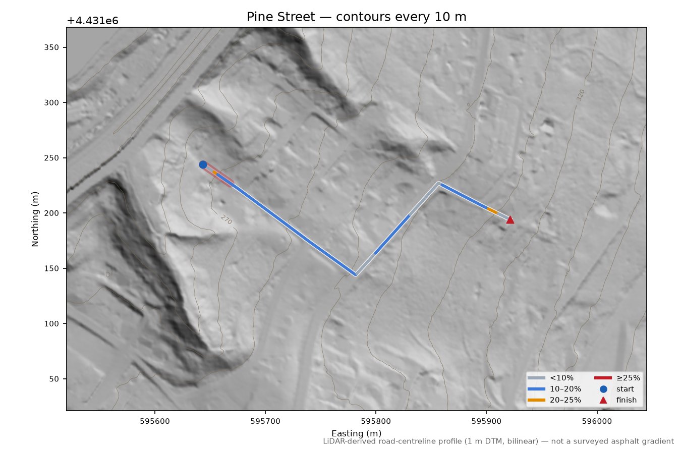 Pine Street LiDAR hillshade map with contours