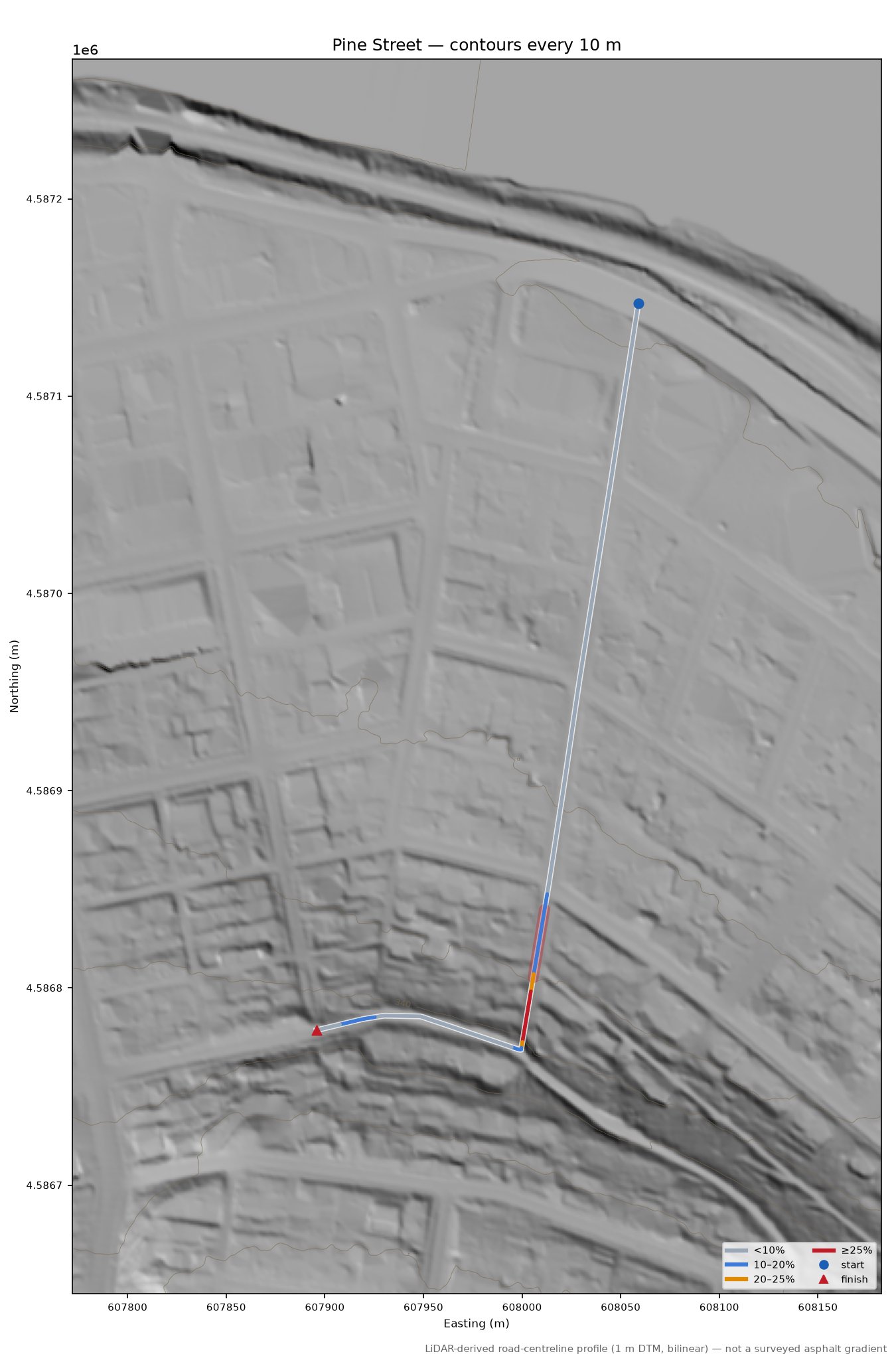 Pine Street LiDAR hillshade map with contours