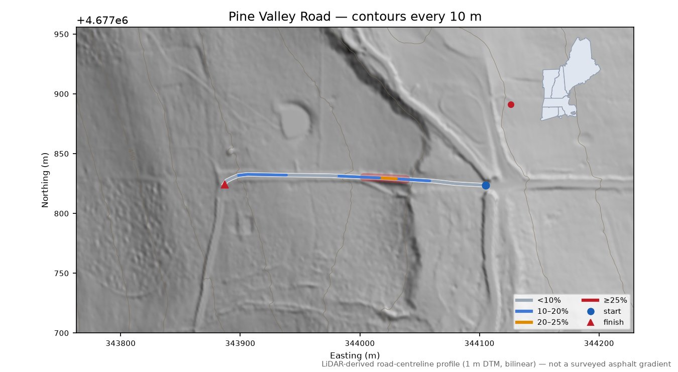 Pine Valley Road LiDAR hillshade map with contours