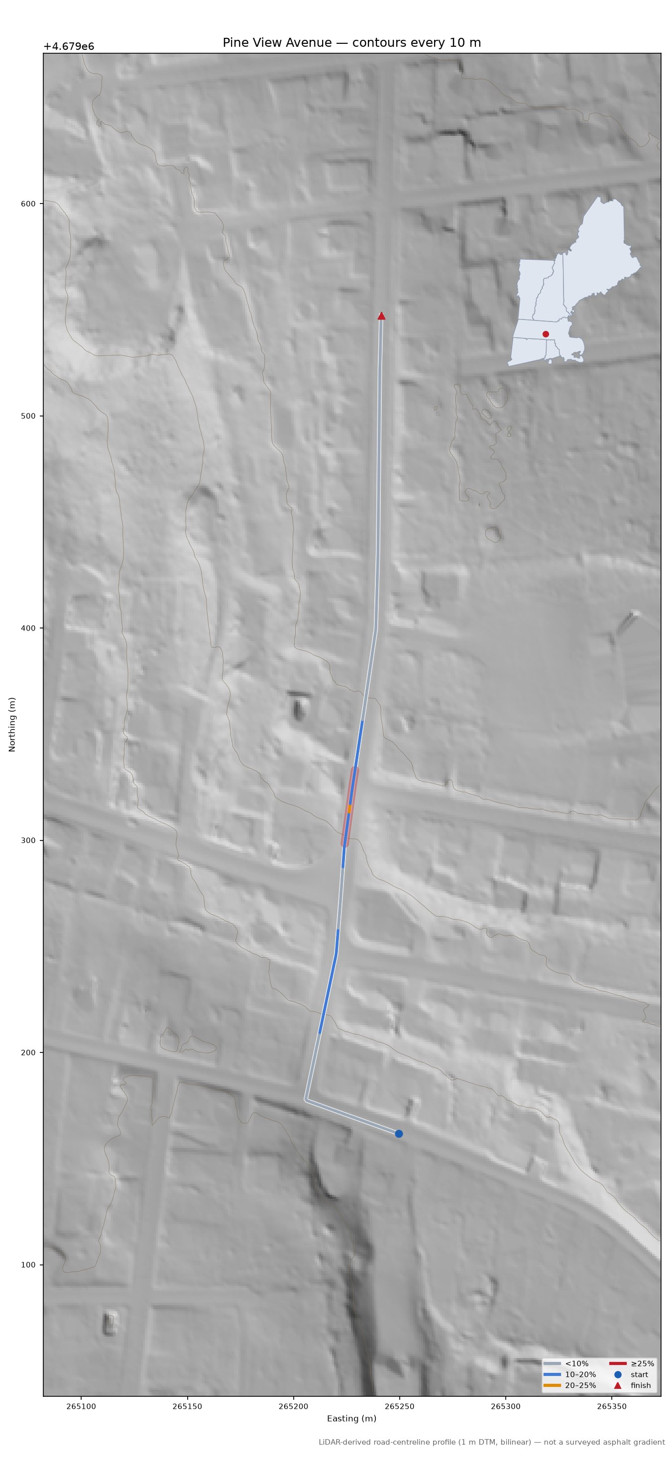 Pine View Avenue LiDAR hillshade map with contours