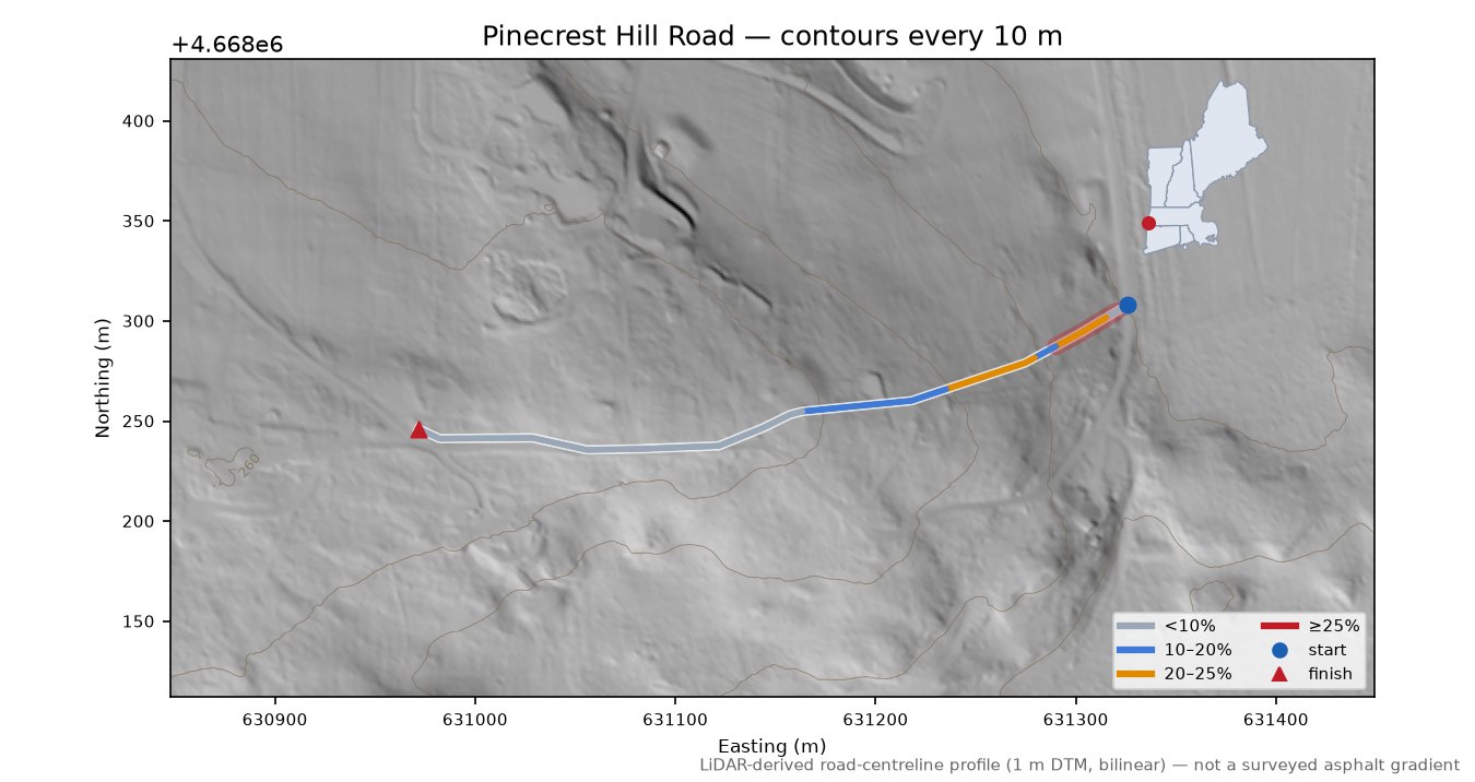Pinecrest Hill Road LiDAR hillshade map with contours