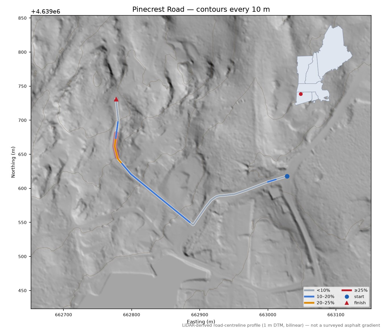 Pinecrest Road LiDAR hillshade map with contours