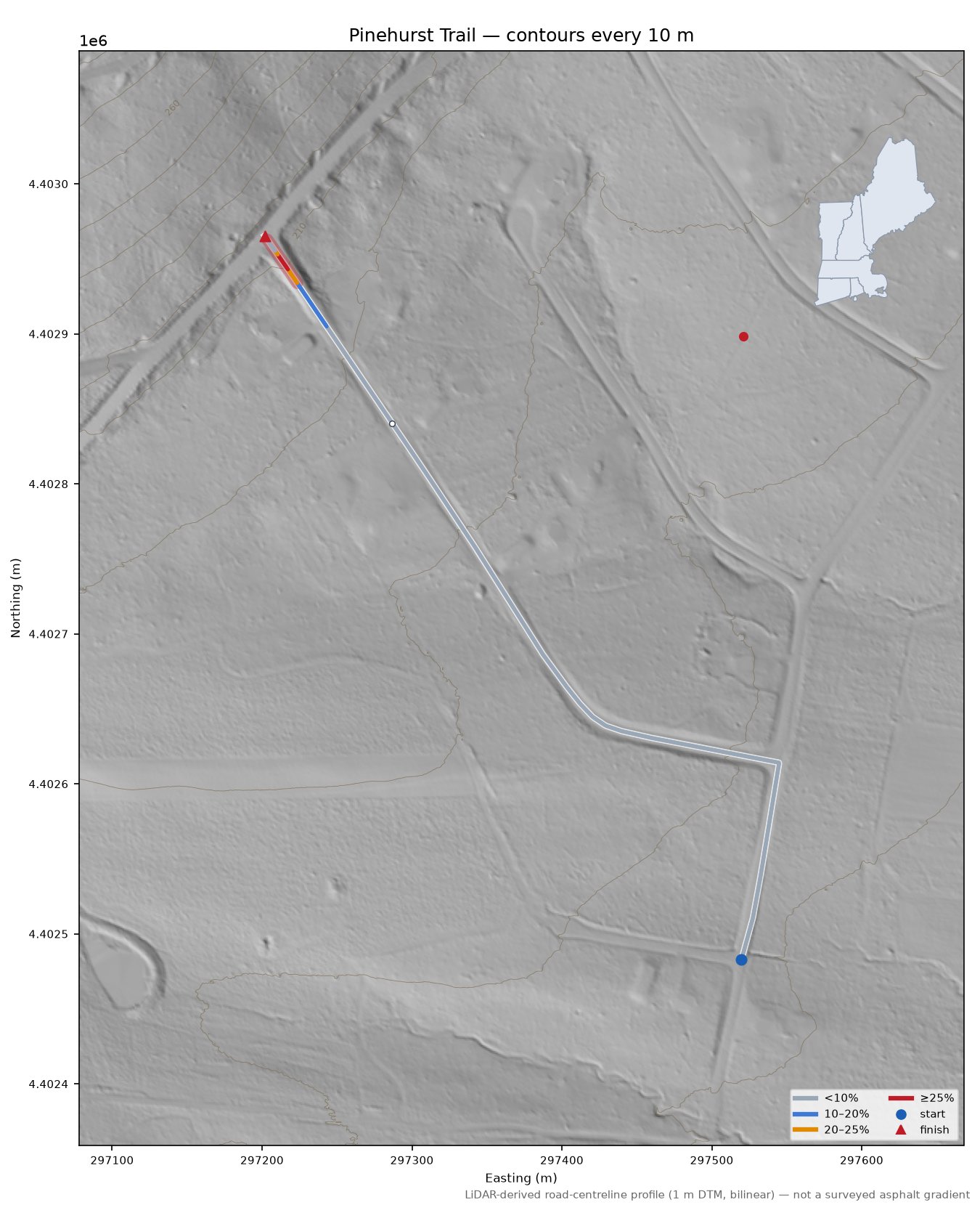Pinehurst Trail LiDAR hillshade map with contours