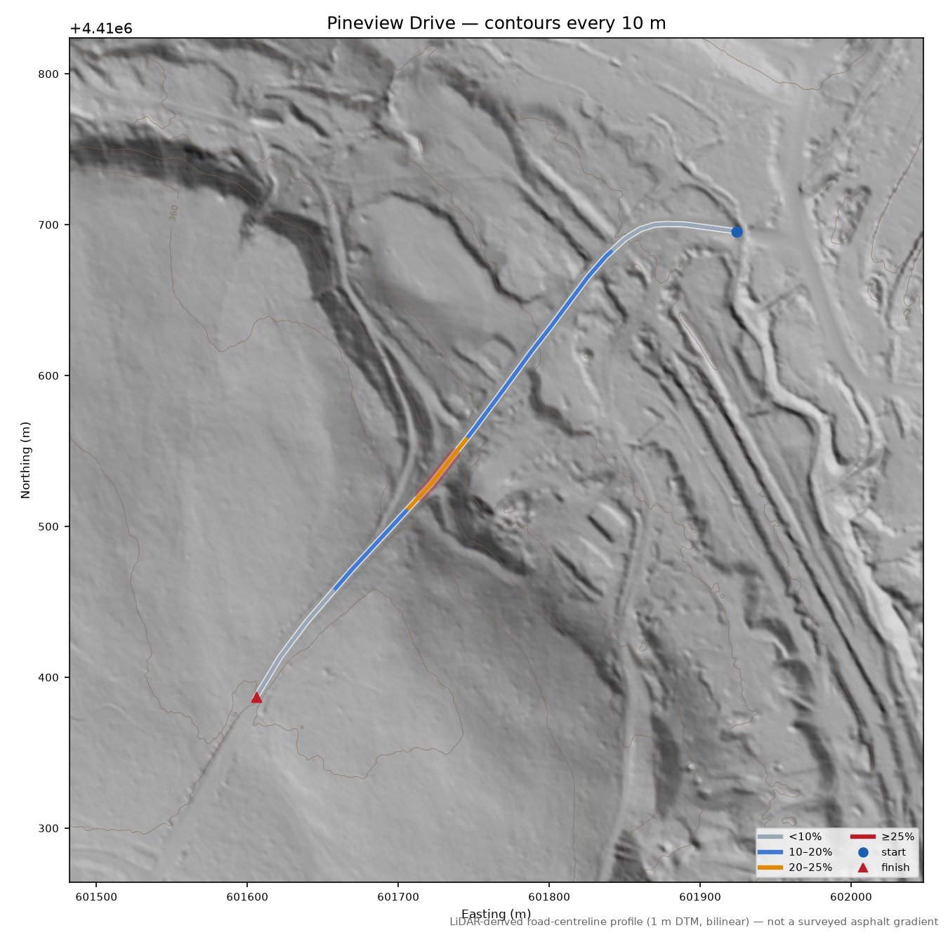 Pineview Drive LiDAR hillshade map with contours