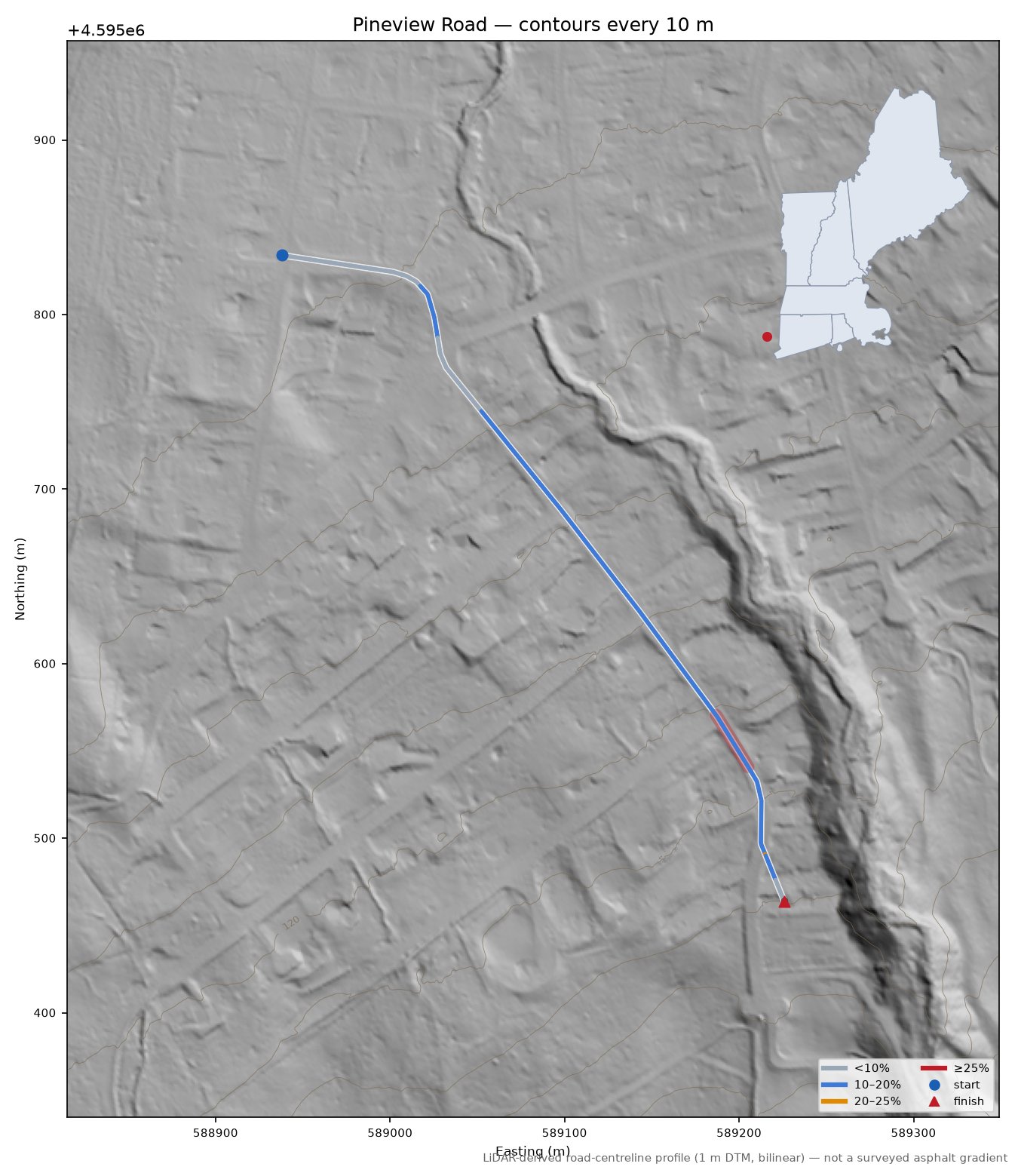 Pineview Road LiDAR hillshade map with contours