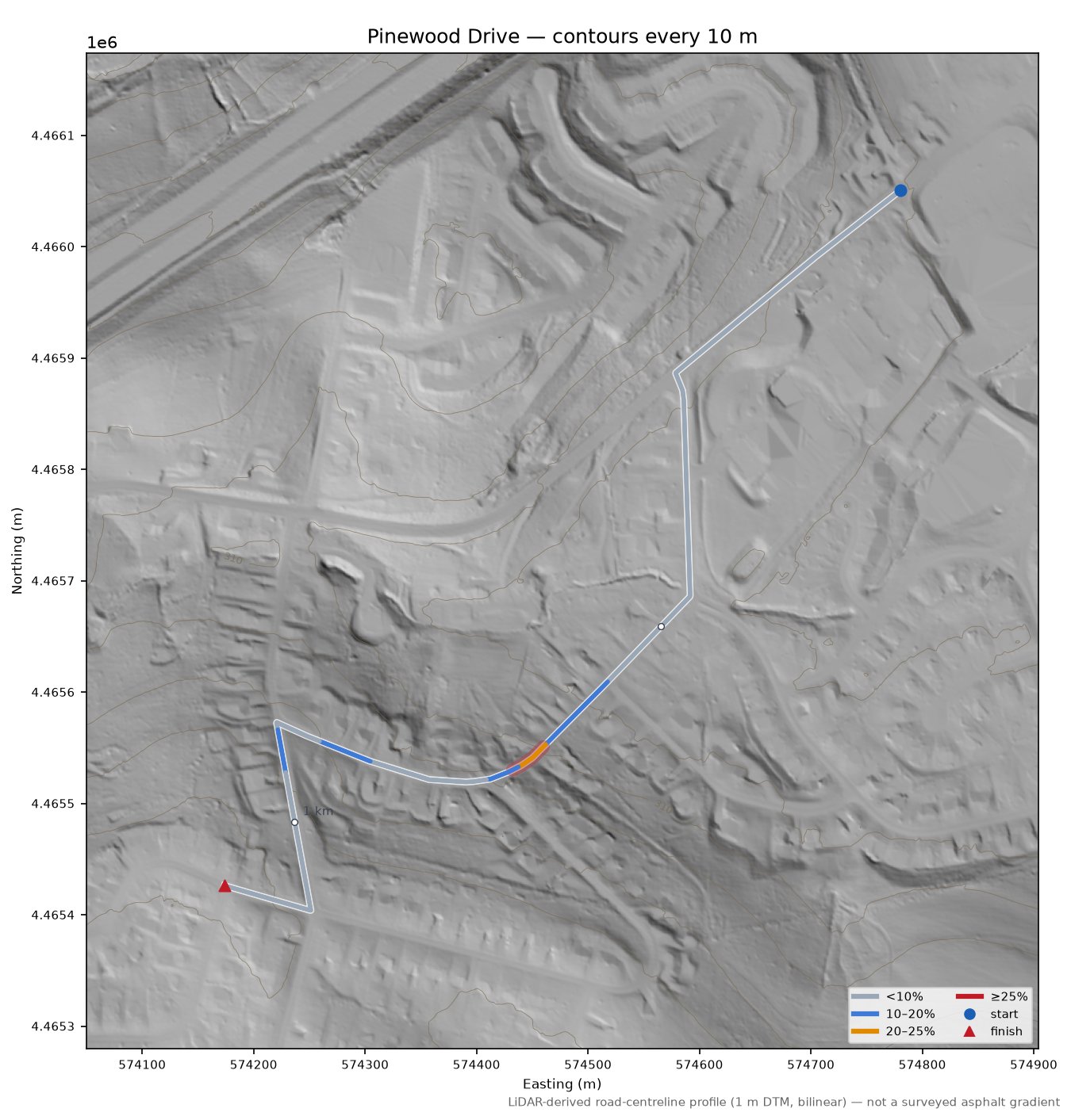 Pinewood Drive LiDAR hillshade map with contours