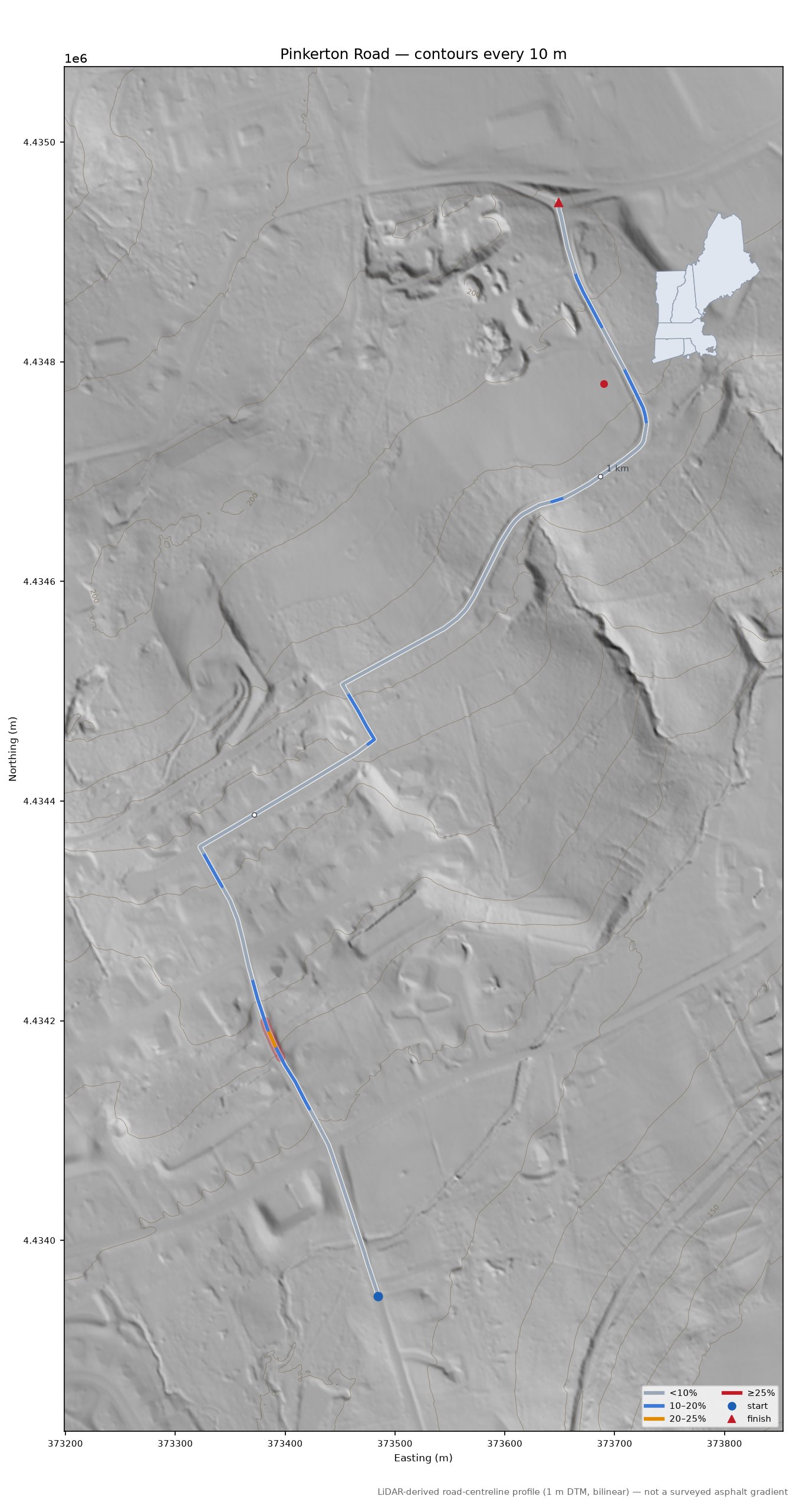 Pinkerton Road LiDAR hillshade map with contours