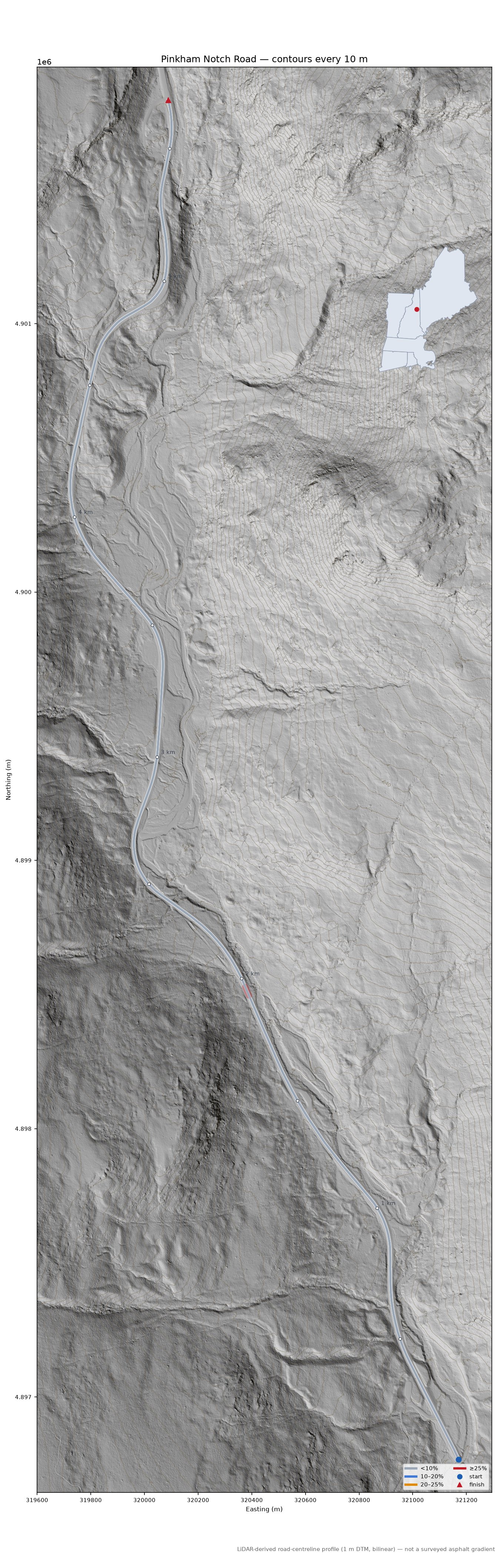 Pinkham Notch Road LiDAR hillshade map with contours