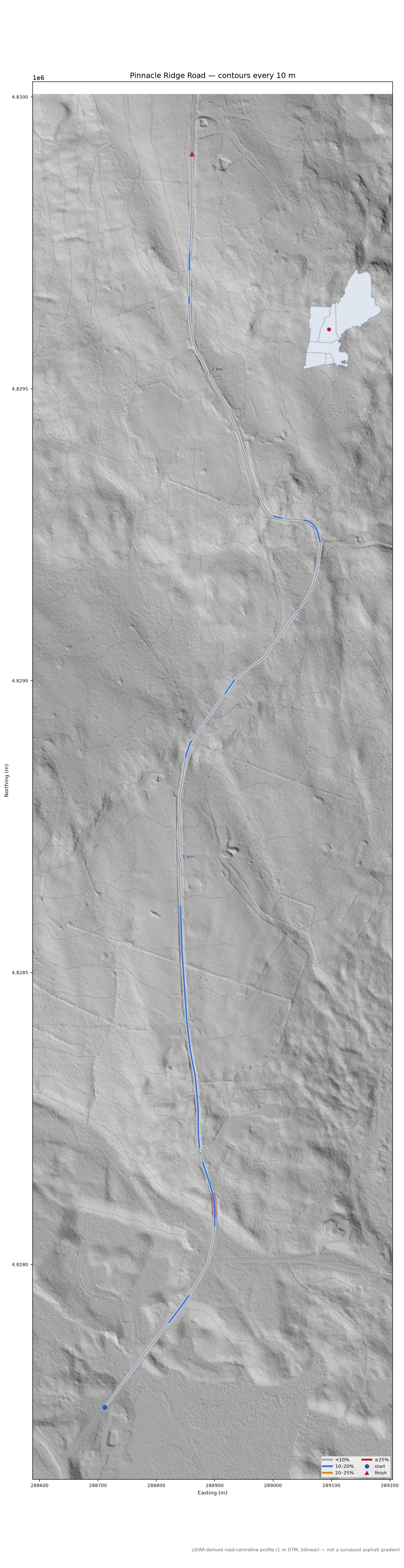 Pinnacle Ridge Road LiDAR hillshade map with contours