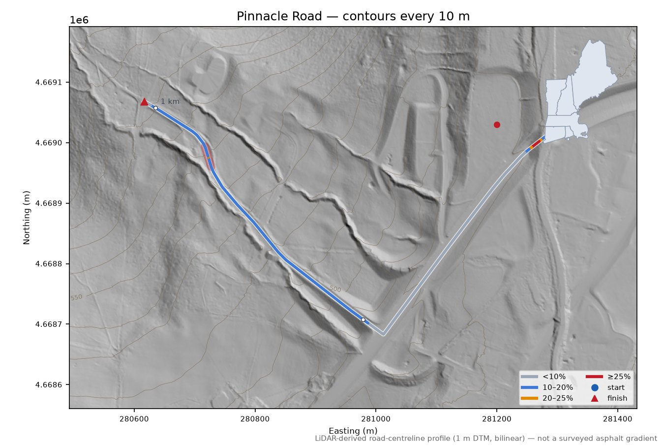 Pinnacle Road LiDAR hillshade map with contours