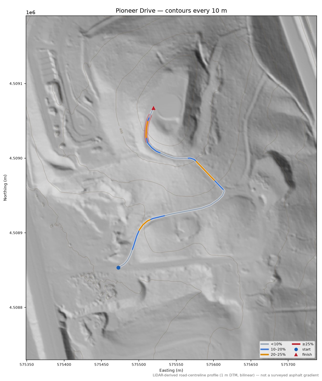 Pioneer Drive LiDAR hillshade map with contours