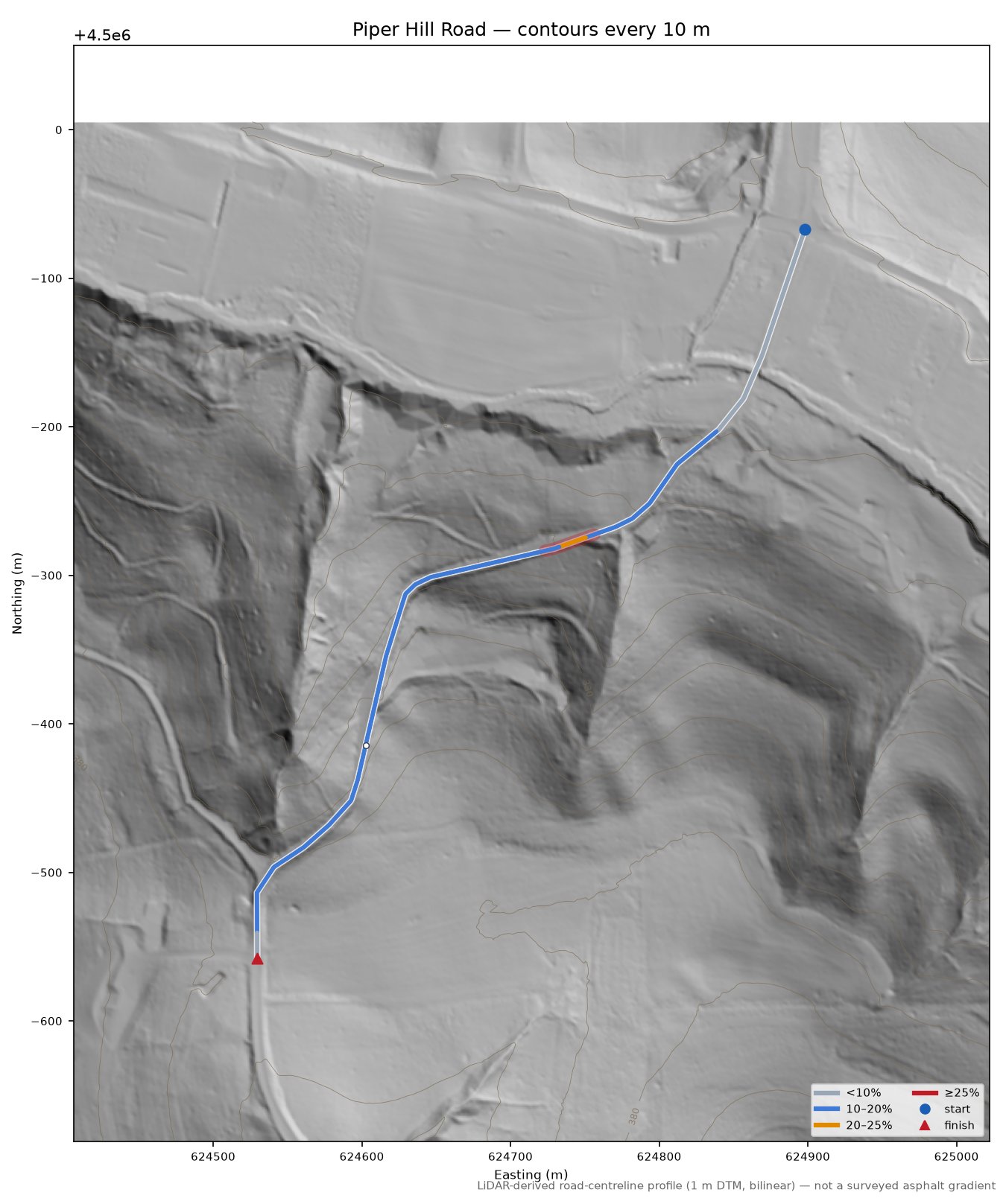 Piper Hill Road LiDAR hillshade map with contours