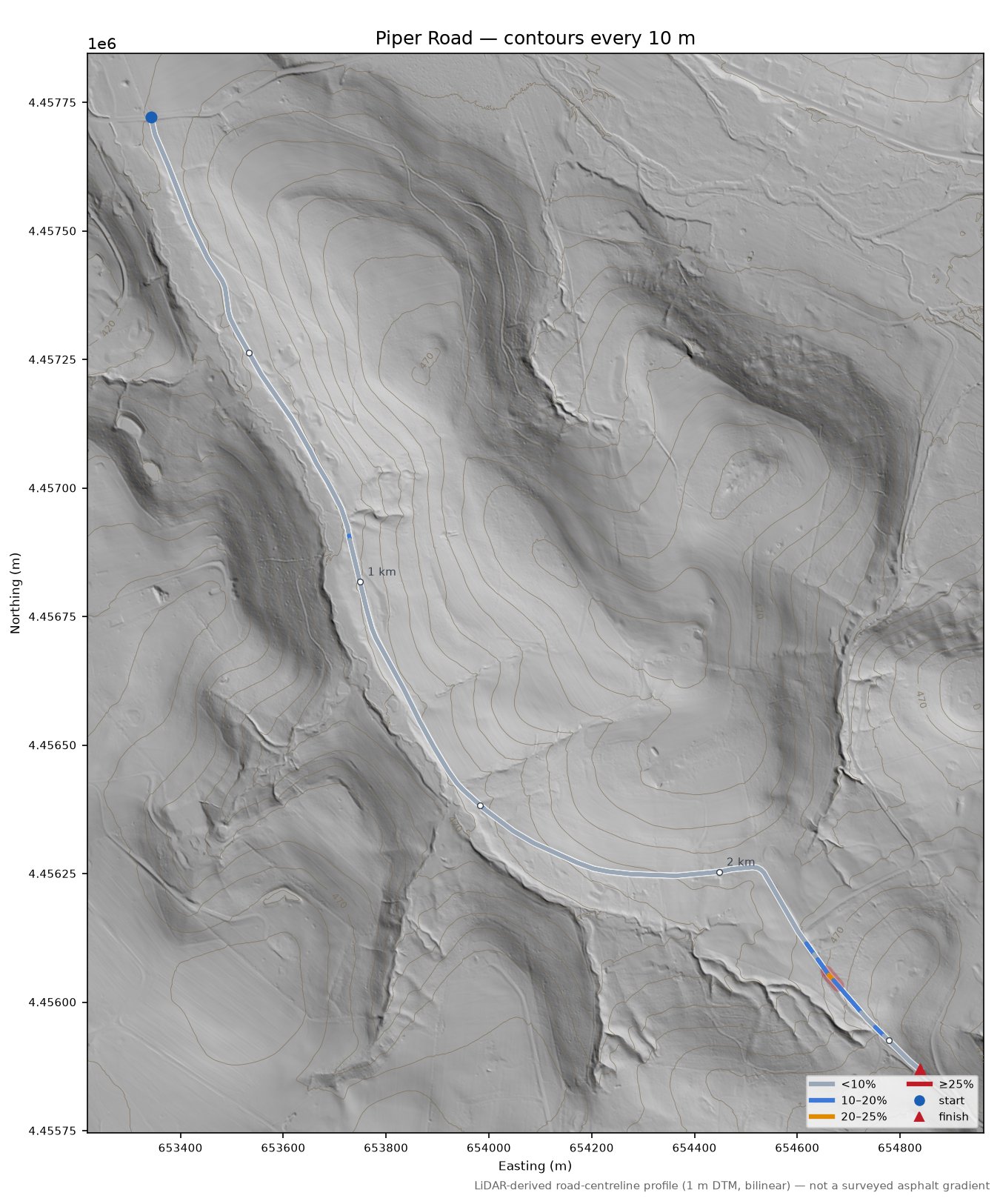 Piper Road LiDAR hillshade map with contours