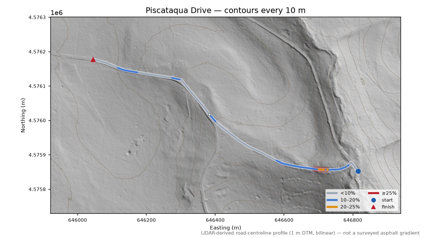 Piscataqua Drive LiDAR hillshade map with contours