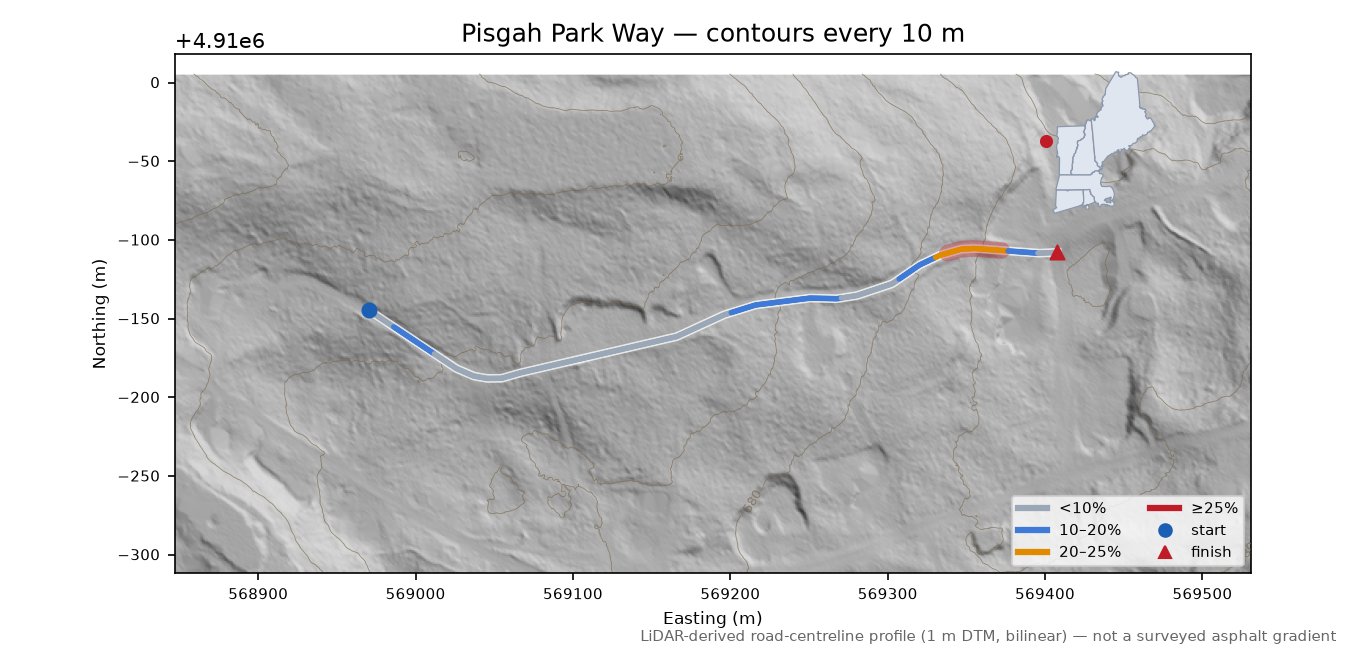 Pisgah Park Way LiDAR hillshade map with contours