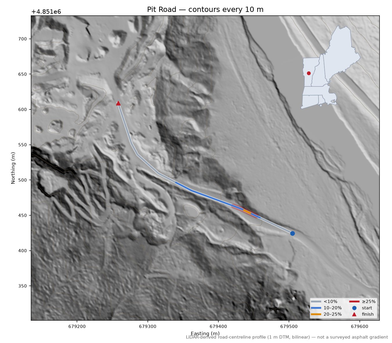 Pit Road LiDAR hillshade map with contours