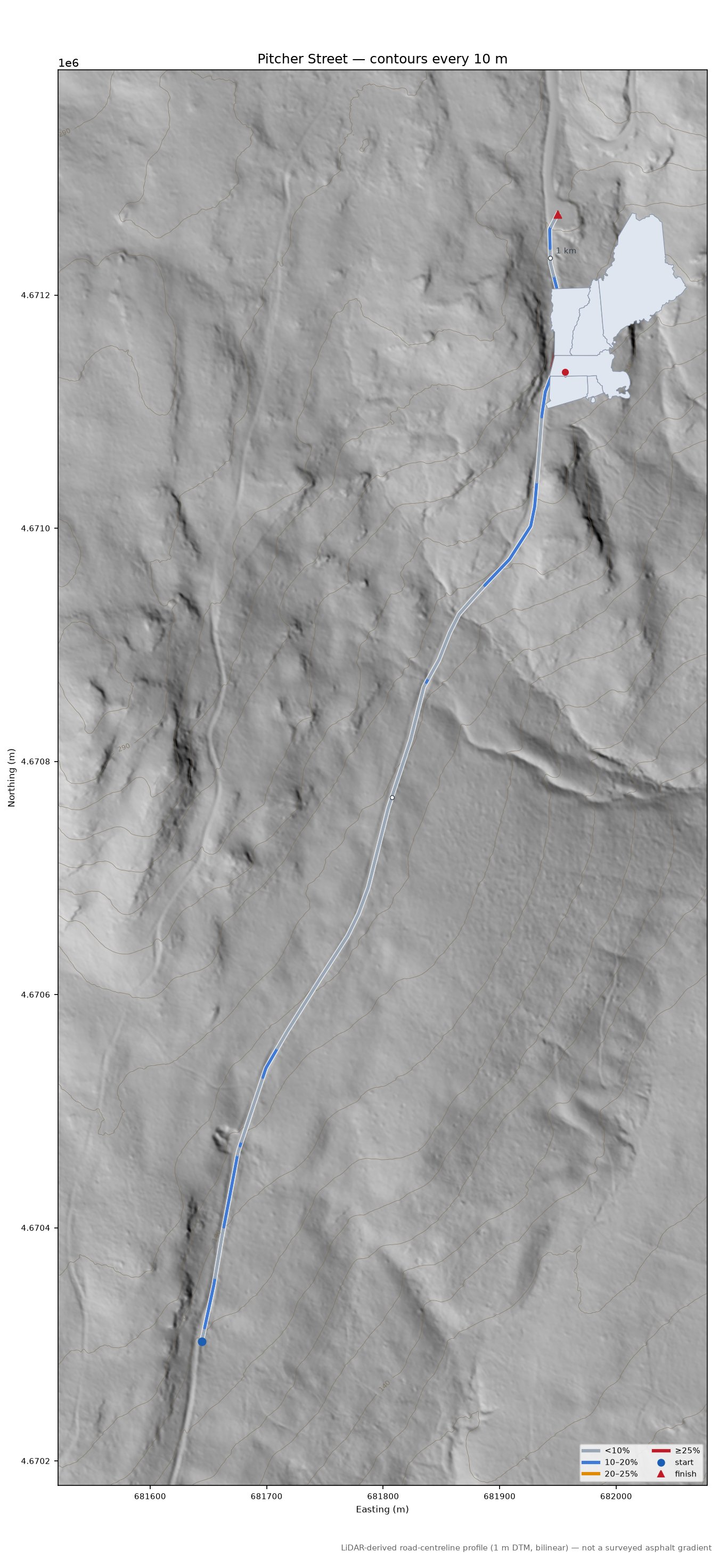 Pitcher Street LiDAR hillshade map with contours