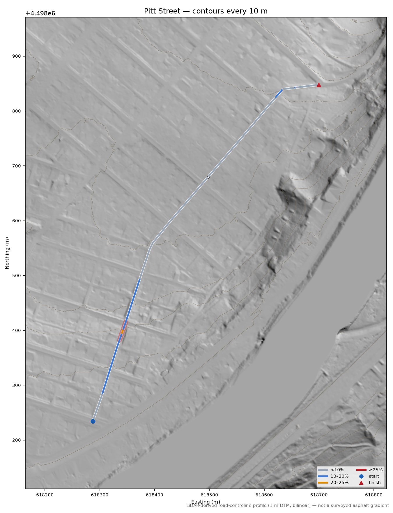 Pitt Street LiDAR hillshade map with contours