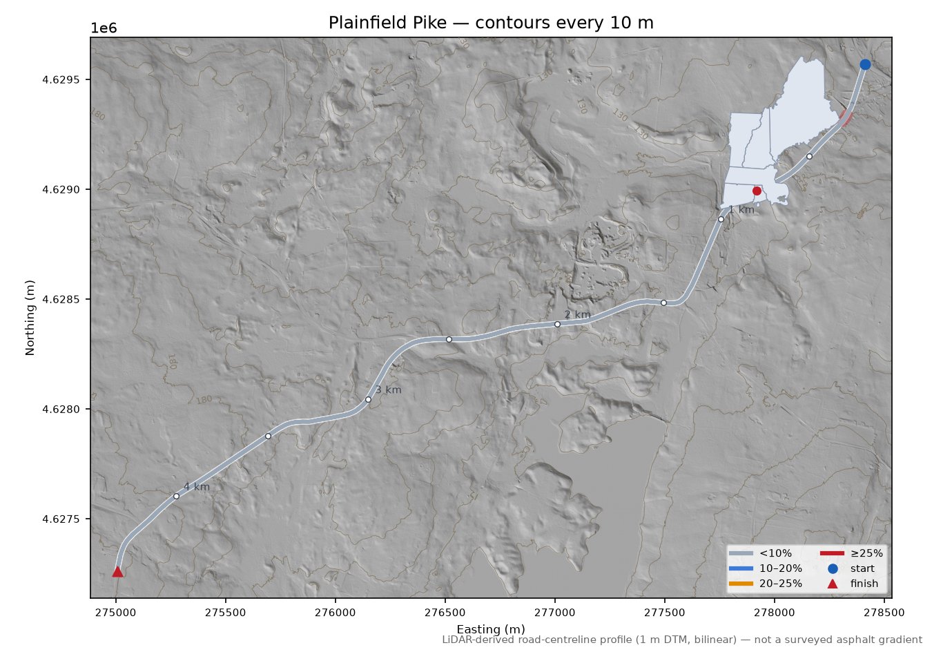 Plainfield Pike LiDAR hillshade map with contours