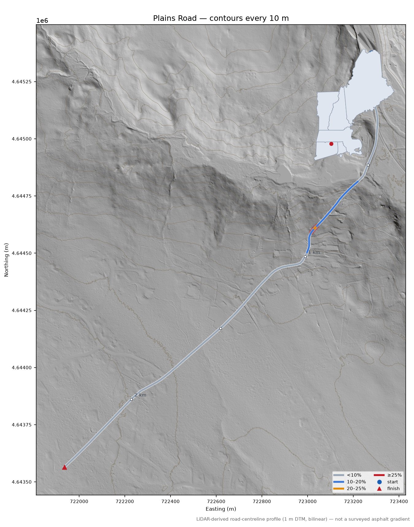 Plains Road LiDAR hillshade map with contours