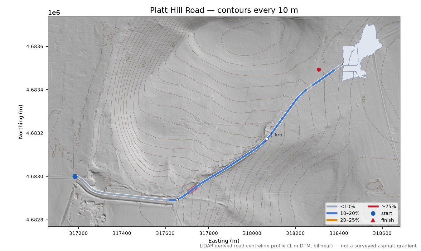 Platt Hill Road LiDAR hillshade map with contours