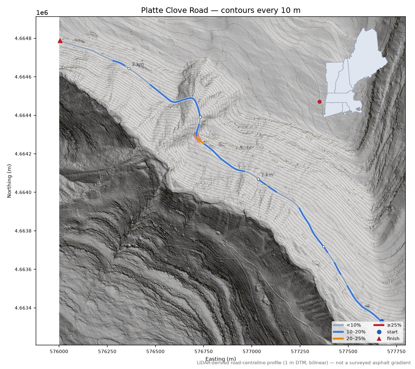 Platte Clove Road LiDAR hillshade map with contours