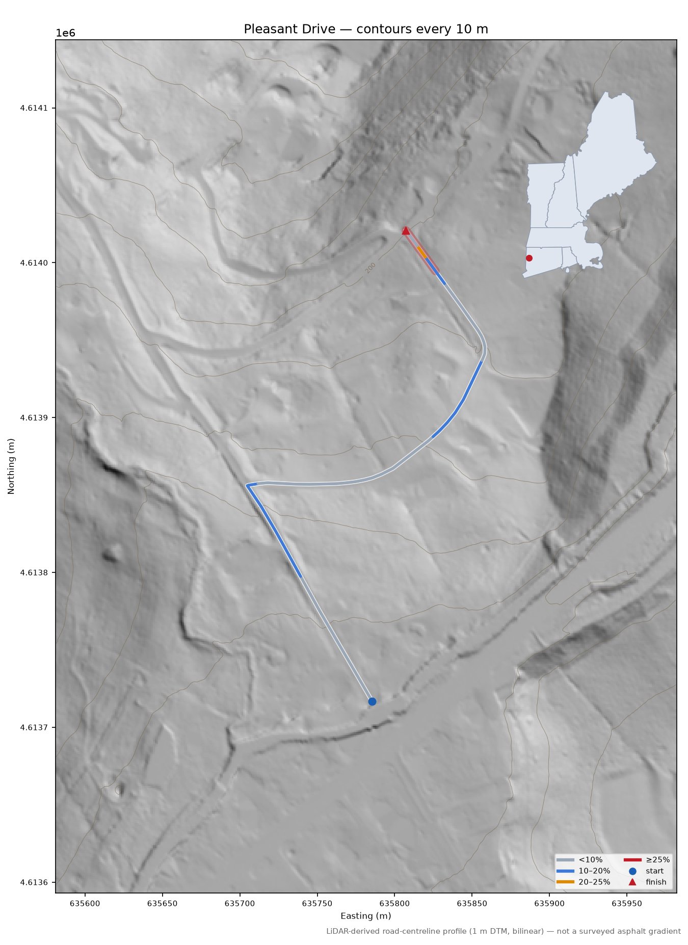 Pleasant Drive LiDAR hillshade map with contours