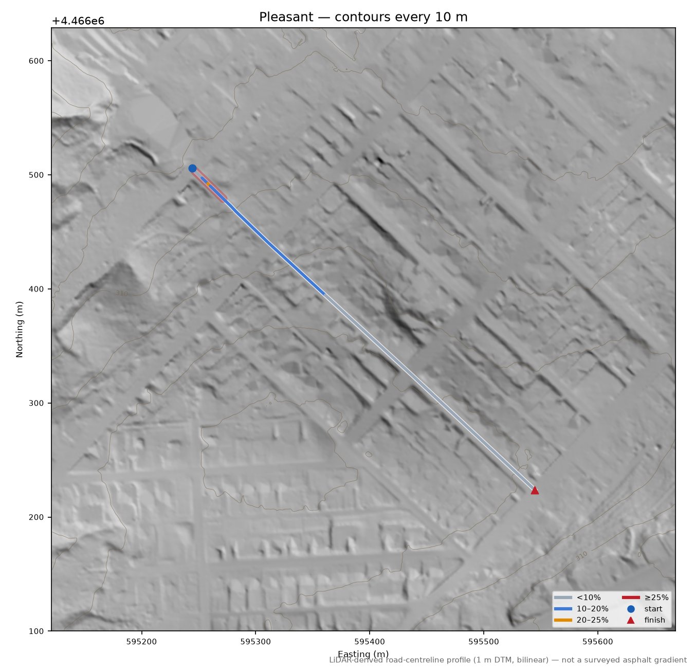 Pleasant LiDAR hillshade map with contours