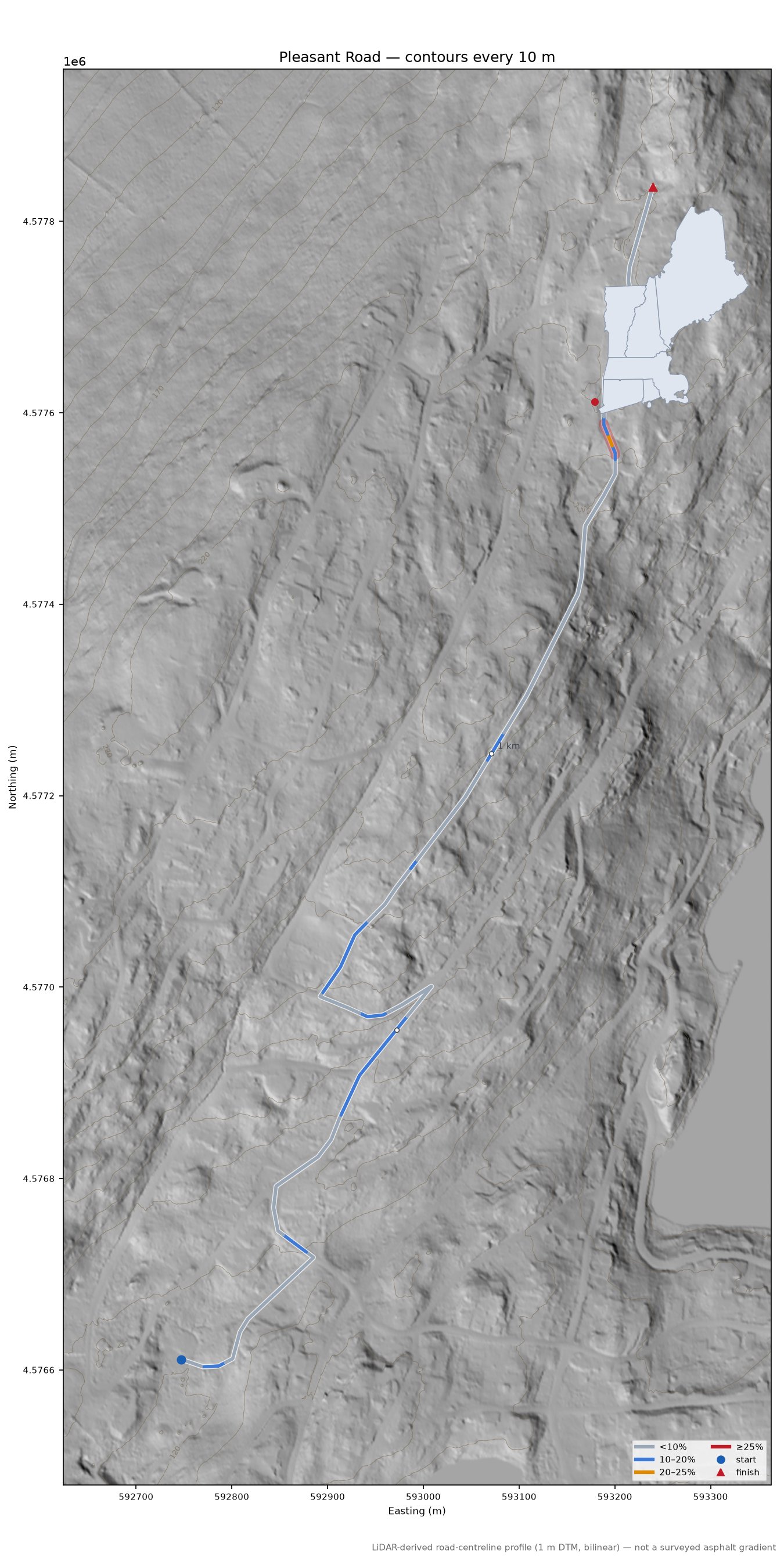 Pleasant Road LiDAR hillshade map with contours
