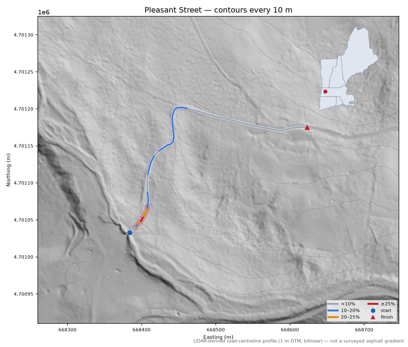 Pleasant Street LiDAR hillshade map with contours