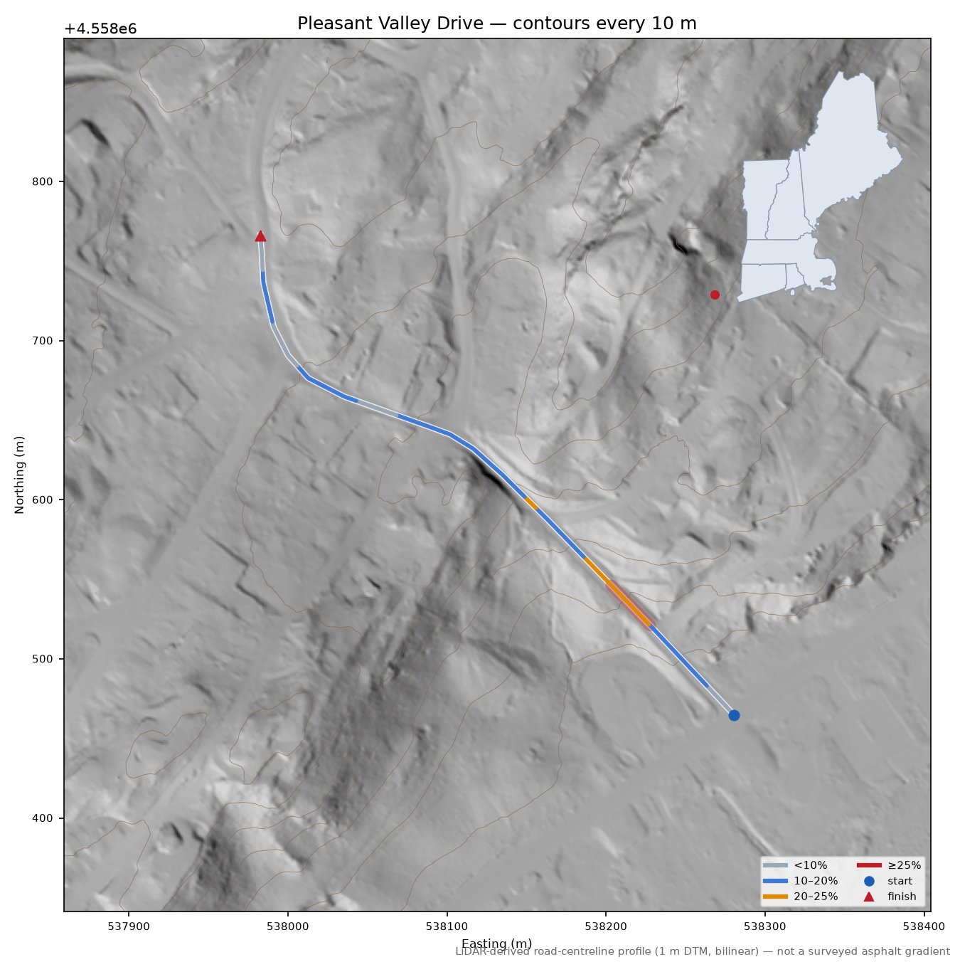 Pleasant Valley Drive LiDAR hillshade map with contours