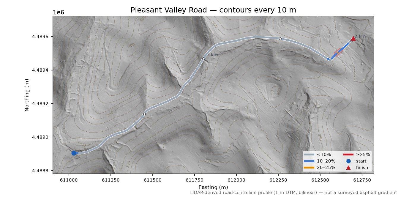 Pleasant Valley Road LiDAR hillshade map with contours