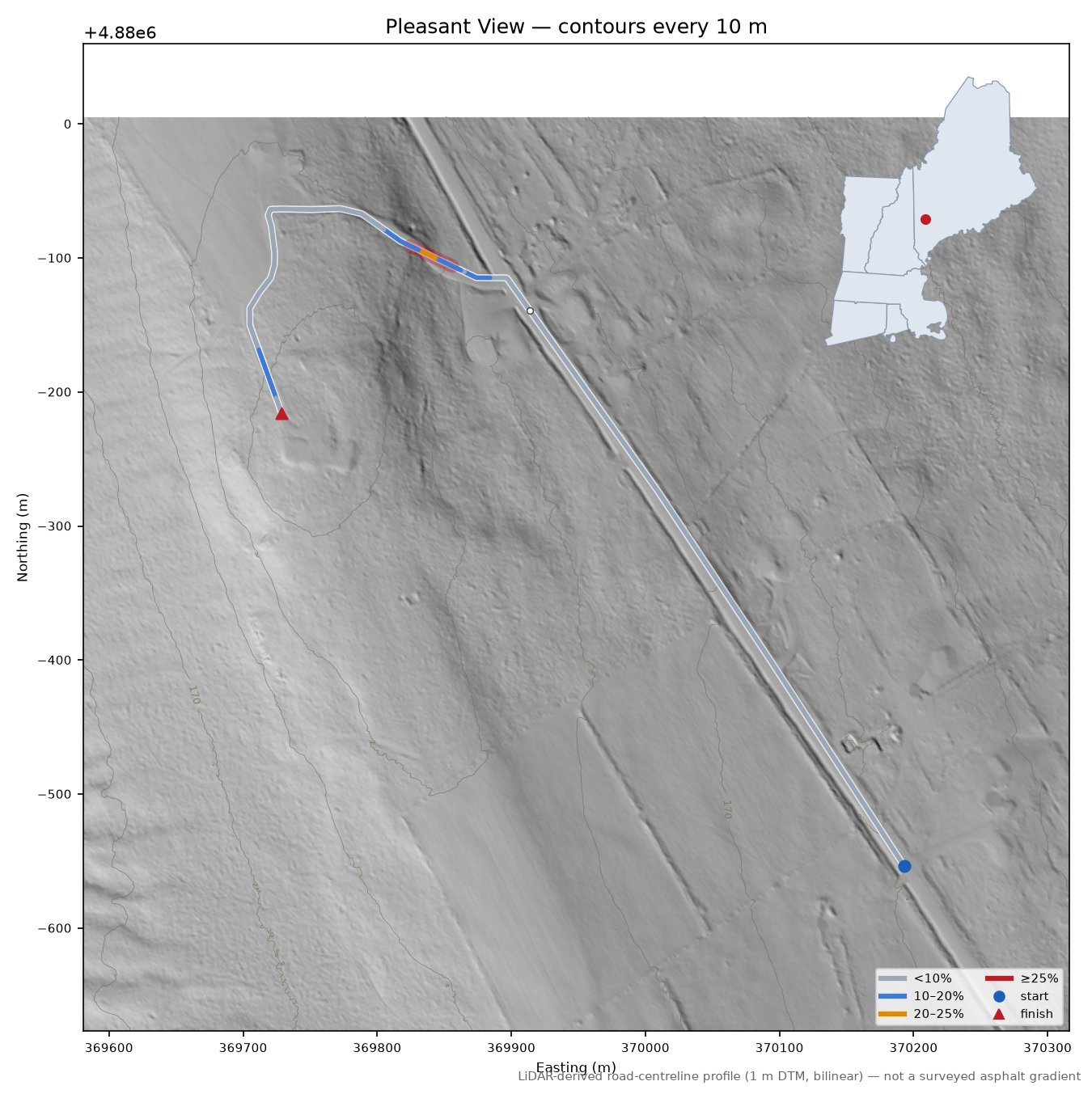 Pleasant View LiDAR hillshade map with contours