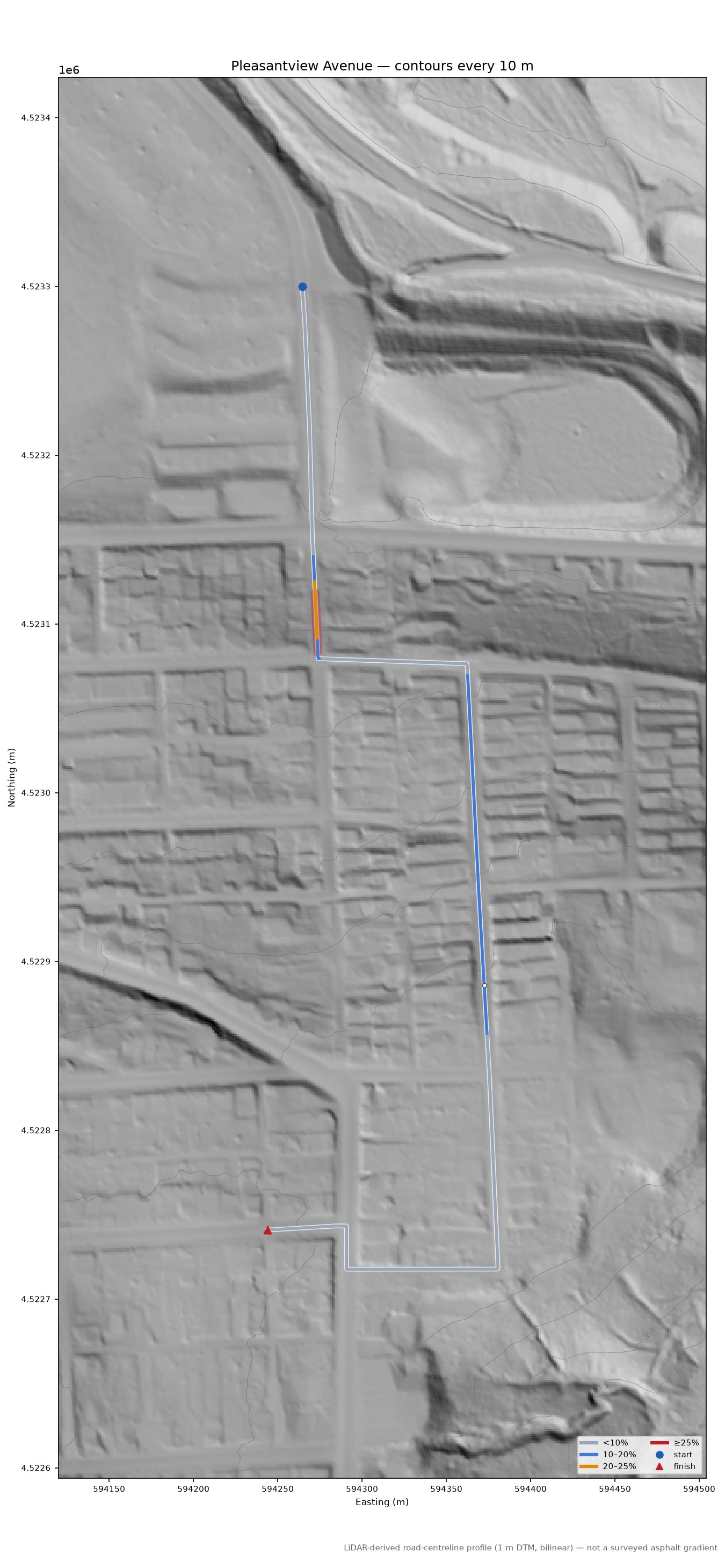 Pleasantview Avenue LiDAR hillshade map with contours