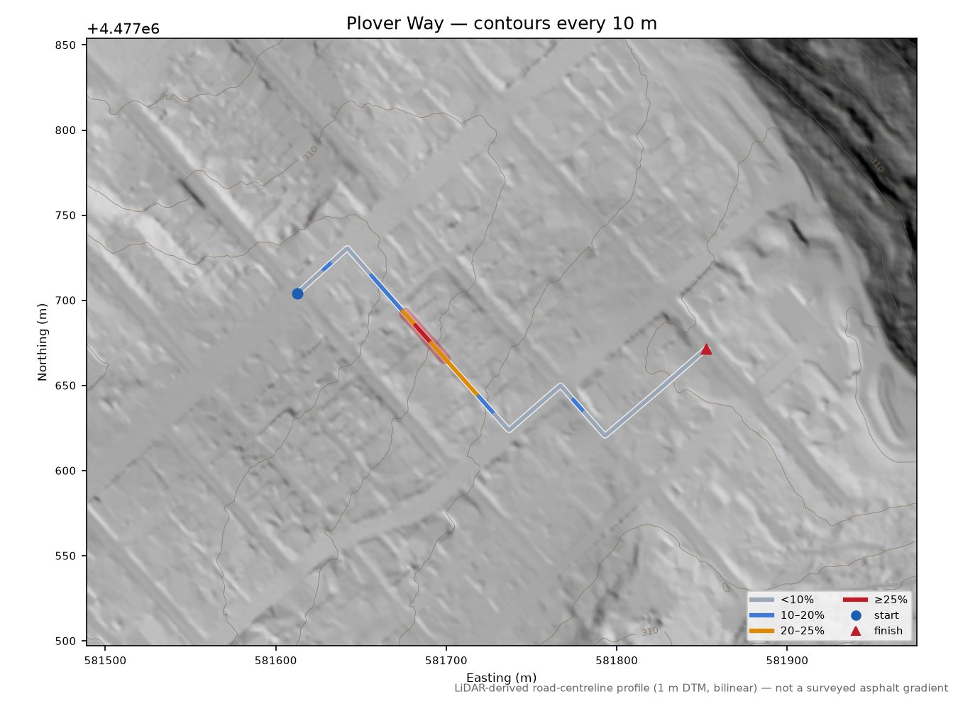 Plover Way LiDAR hillshade map with contours