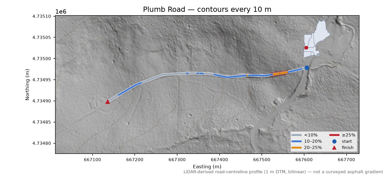 Plumb Road LiDAR hillshade map with contours