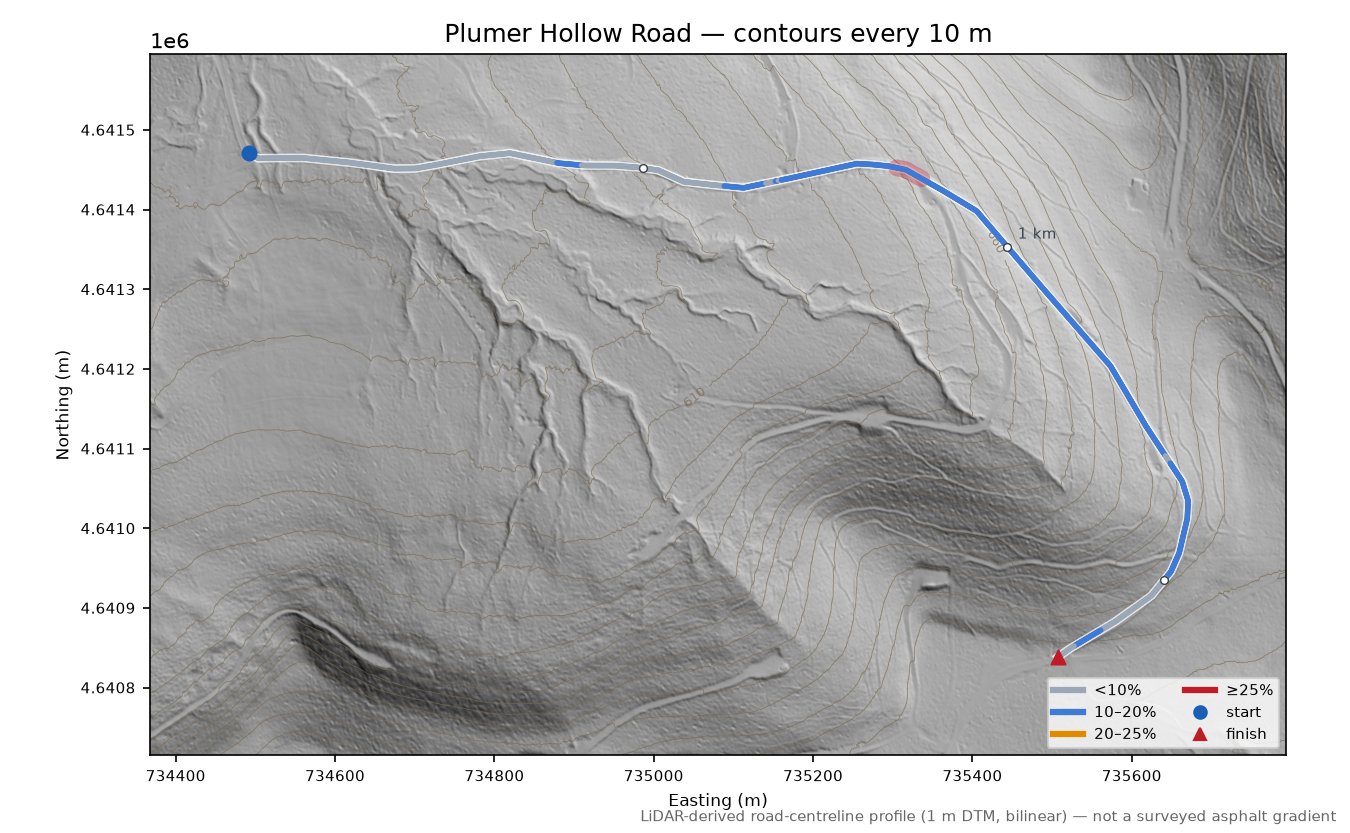 Plumer Hollow Road LiDAR hillshade map with contours