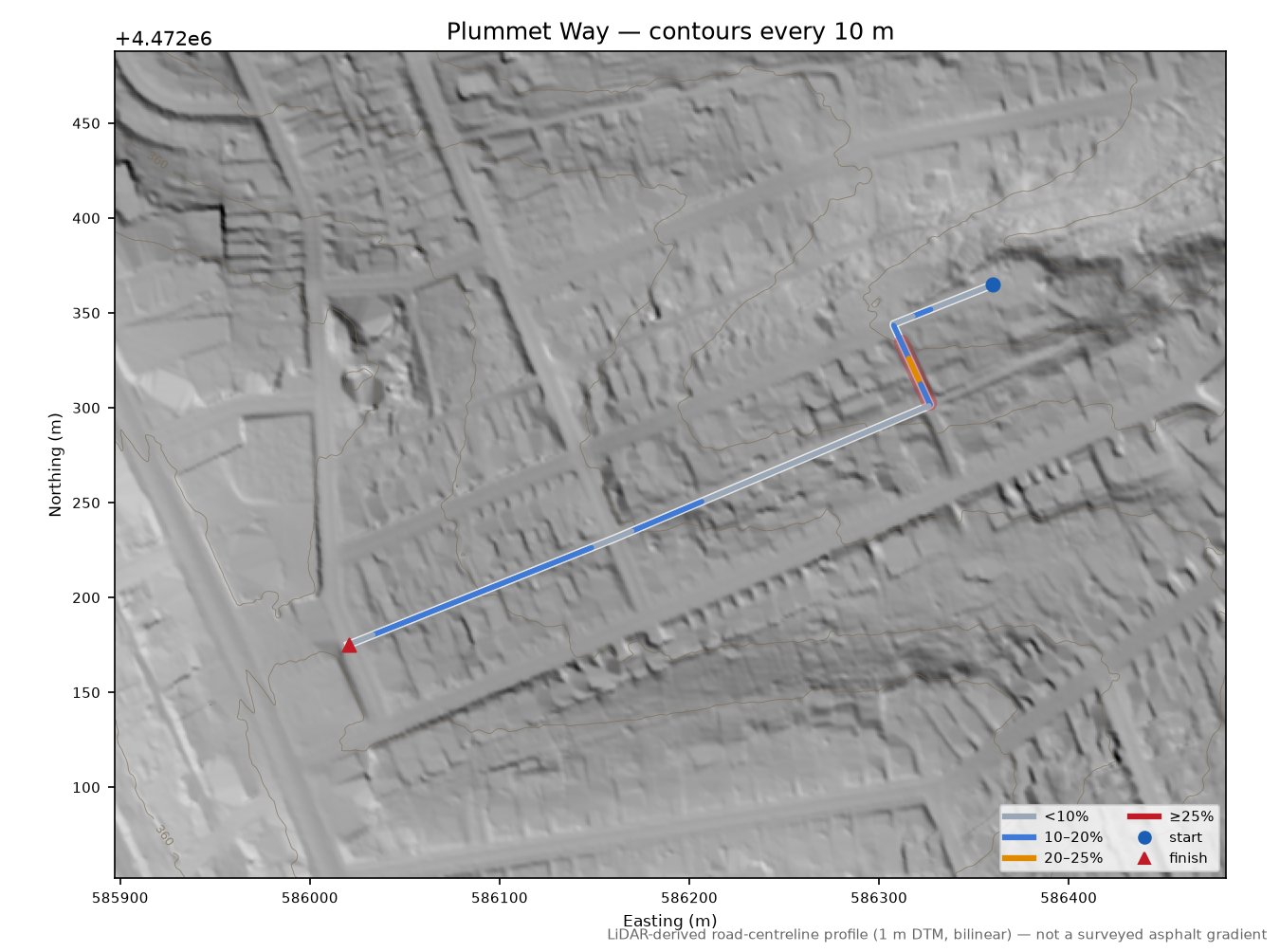 Plummet Way LiDAR hillshade map with contours